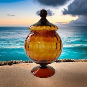 Empoli Amber Glass Candy Dish Lid Apothecary Jar Circus Tent Optic Panel Italy